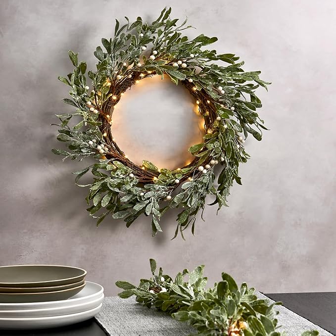 LampLust Lighted Garland Battery Operated, 6 Ft Frosted Mistletoe with Pearl Beads, 100 LED Lights & Timer, Spring Garland for Mantle All Year Round, Farmhouse Dining Table Decor, Spring Table Décor