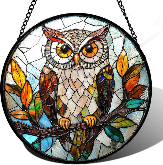 Stained Glass Window Hanging, Owl Colorful Leaves Birds Sun Catchers Diamond Glass Panel Hangings Suncatcher Decor for Birthday for Women, Men, Wife, Aunt, and Mom 14.9x14.9 in