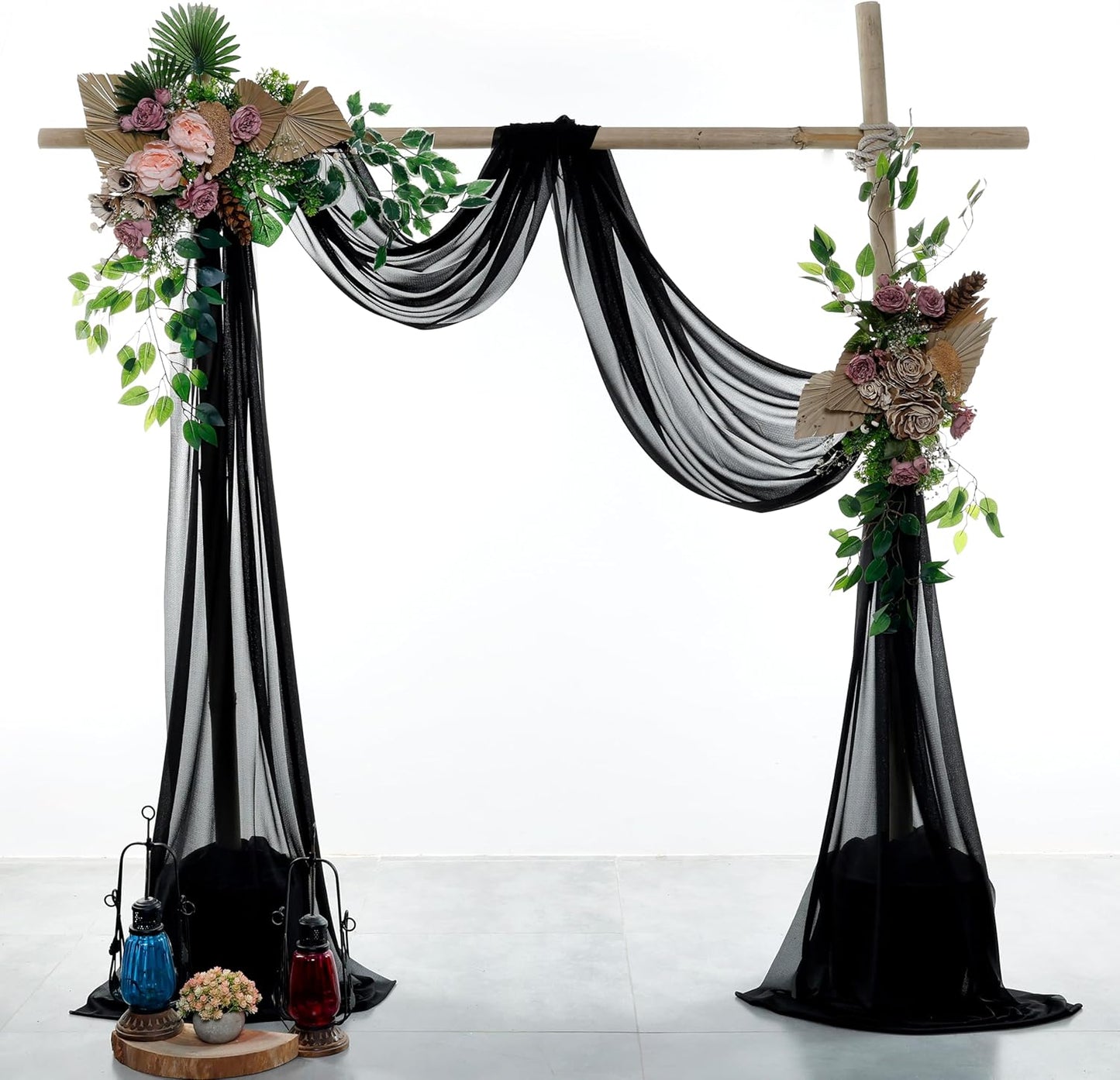 VDS Pack of 2 Panel (30 Inch X 30 Feet) Wedding Arch Draping Fabric Sheer Chiffon Fabric Drapery for Wedding Ceremony Reception Swag Backdrop Canopy Chuppah ARBO Altars Decoration (Black)
