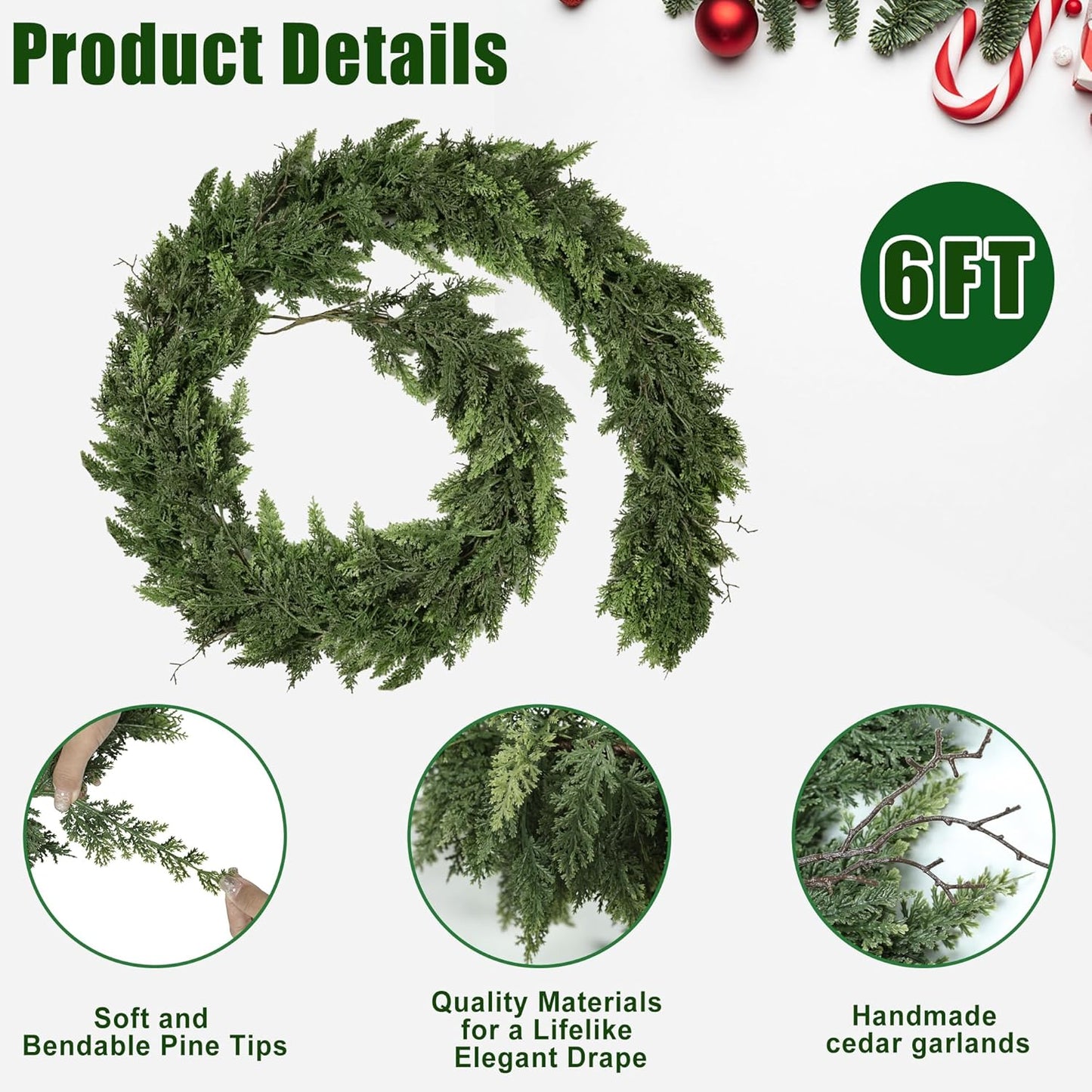 Realistic Christmas Garland for Mantle 6FT Real Touch Thick/Lush Artificial Cedar Garlands Christmas Decorations Indoor Christmas Garland for Stairs Railing Outdoor Fireplace Table Xmas Holiday Decor