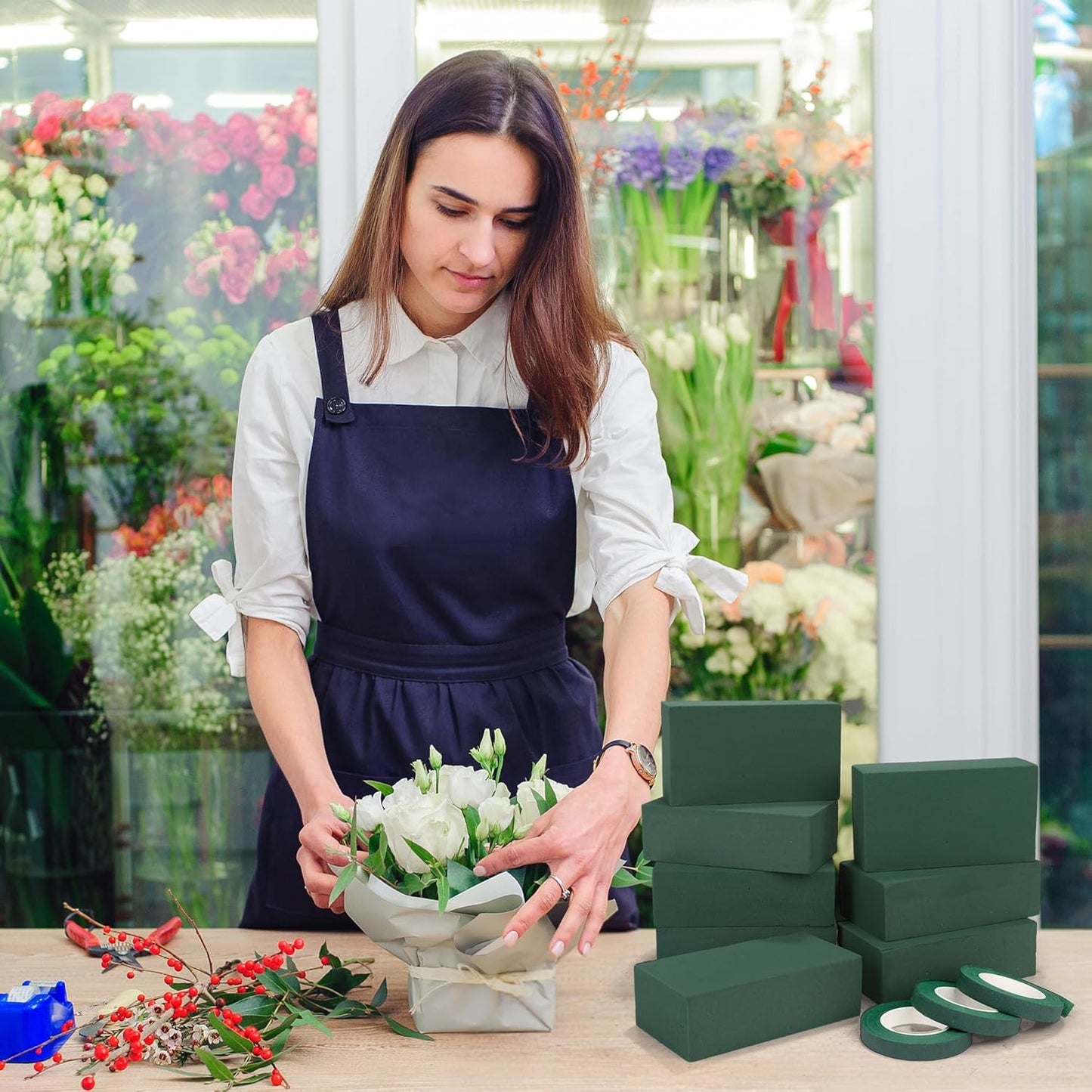 Aneco 12 Pieces Floral Foam Blocks with 3 Rolls Floral Tape 5.5''L x 3.1''W x 1.8''H Green Square Flower Foams Flower Arrangements Supplies for Dry & Wet Flower Wedding Home Decor and DIY Crafts