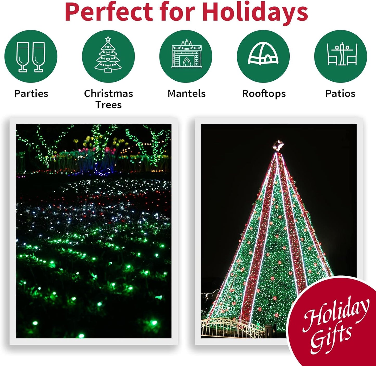 Green Wide Angle LED Christmas Lights, 64.8 Ft 300 Count, Pack of 3 Strands 21.9 Ft 100 Lights UL Certified Commercial Grade Green Wire 5mm Holiday String Light