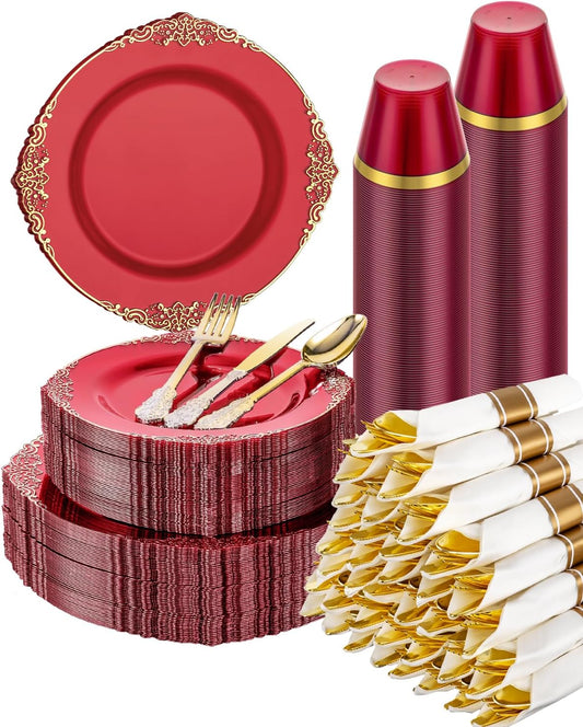 Goodluck 350 Piece Red Dinnerware Set for 50 Guests, Fancy Disposable Plates, Include: 100 Red Rim Plastic Plates, 150 Silverwares, 50 Pre Rolled Napkins, 50 Cups for Party, Wedding