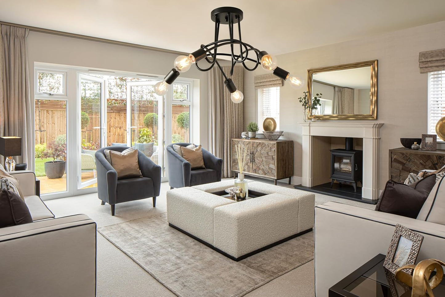 Modern Farmhouse Chandelier,25 Inch Black Metal Spiral Rustic Vintage Semi Flush Mounted Ceiling Light Fixture for Dining Room Bedroom Kitchen Island Hallway Foyer Entryway(5-Light)