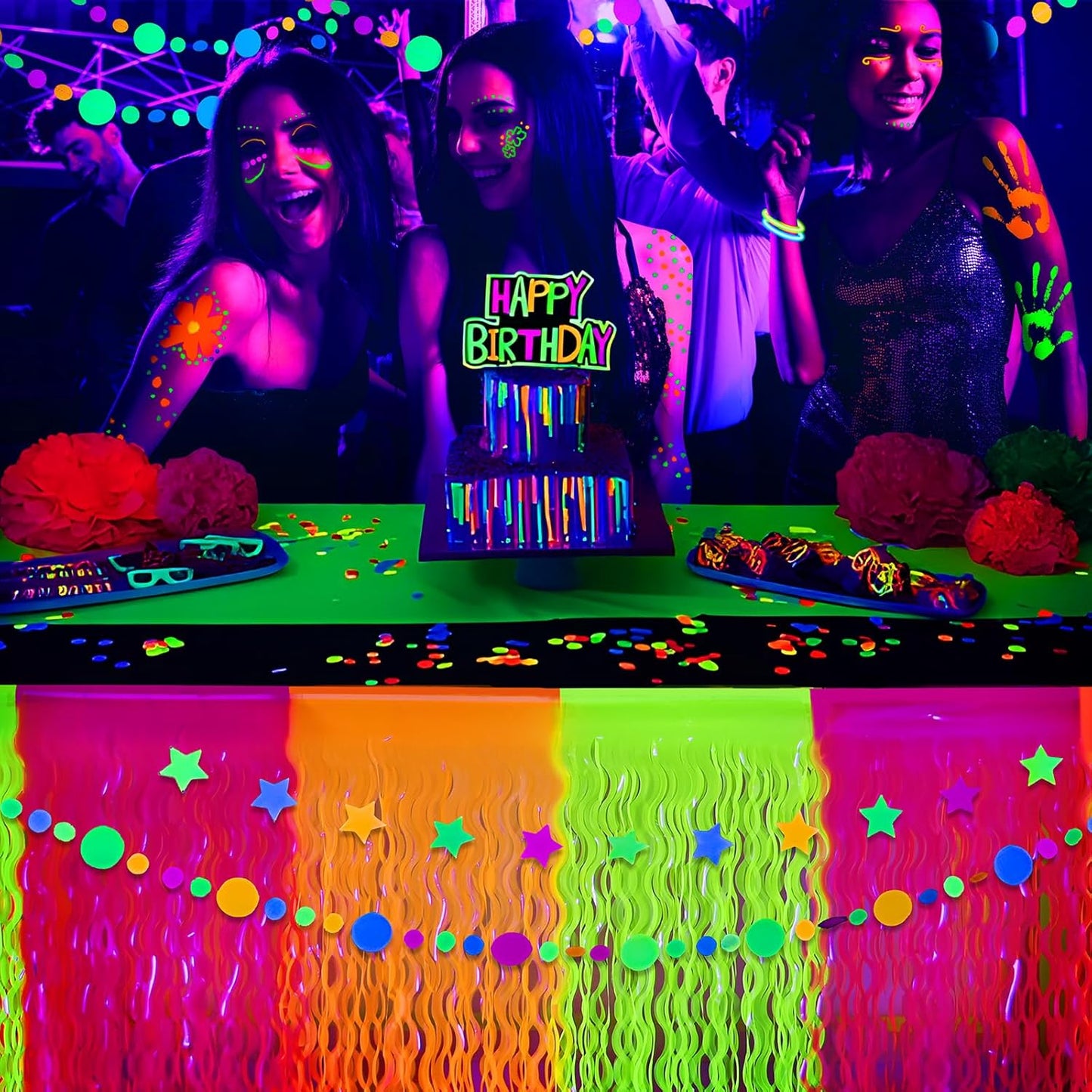 Mega-L Glow in The Dark Party Supplies, 4 Pack Neon Party Decorations Fluorescent Macaron Orange, Yellow and Fuchsia Wavy Metallic Tinsel Foil Fringe Table Skirts, Perfect Table Decors Glow Decors