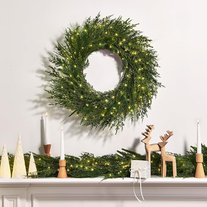 LampLust Mantle Garland with Lights Battery Operated, 6 Ft Realistic Norfolk Pine Greenery Garland for Mantle All Year Round, 100 LED Lights with Timer, Table Top Decor for Dining Table