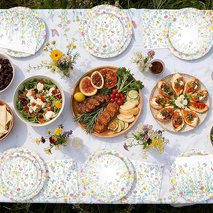 Gatherfun Wildflower Party Decorations Set for 16 - Flower Birthday Decorations with Dinner & Dessert Plates and Napkins for Wildflower Baby Shower Decorations