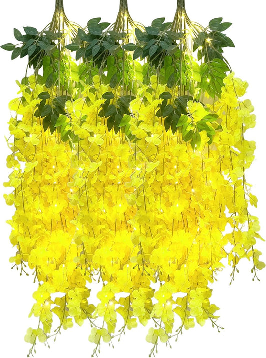 12 Pack Yellow Wisteria Hanging Flowers Garland with Lights, 3.44 Feet Artificial Flower Vines, Fake Wisteria, Artificial Vines Hanging Garland for Backdrop Outdoor Patio Garden Decor