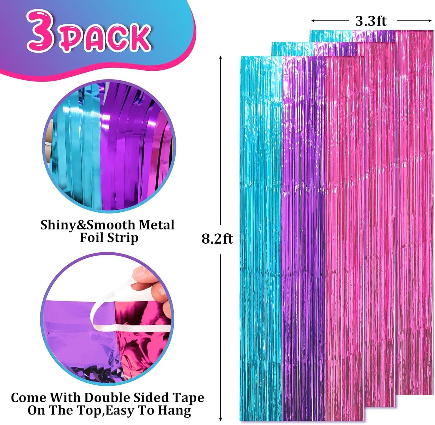 3 Pack 3.3 x 8.2 ft Blue Purple Pink Foil Fringe Backdrop Curtains, Tinsel Streamers Party Decorations, Fringe Backdrop, Door Shimmer for Mermaid or Birthday Party