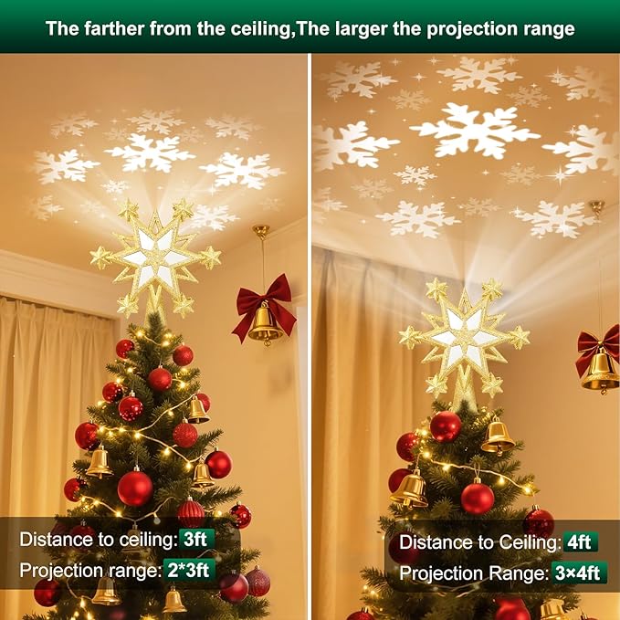 Christmas Star Tree Topper Lighted with 6 Projection Modes, 12-Pointed Star Christmas Tree Topper with Built-in LED Rotating Lights, Gold Christmas Tree Ornament for Xmas Holiday Decorations