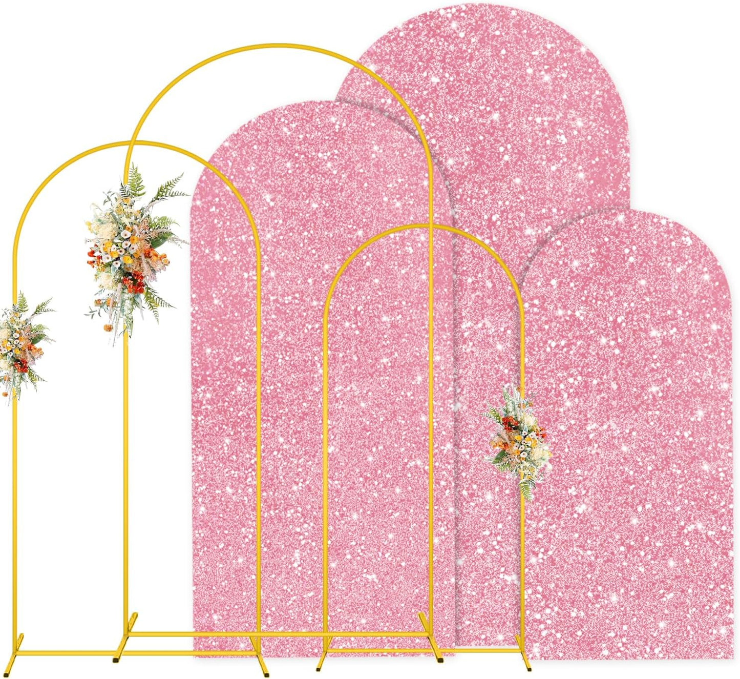 MODFUNS Metal Arch Backdrop Stand and Cover Set 4&5&6ft Pink Gold Sequins Arch Backdrop Cover Double Sided Arch Frame with Covers Gold Arch Stand and Covers for Banquet Reception Birthday Decor