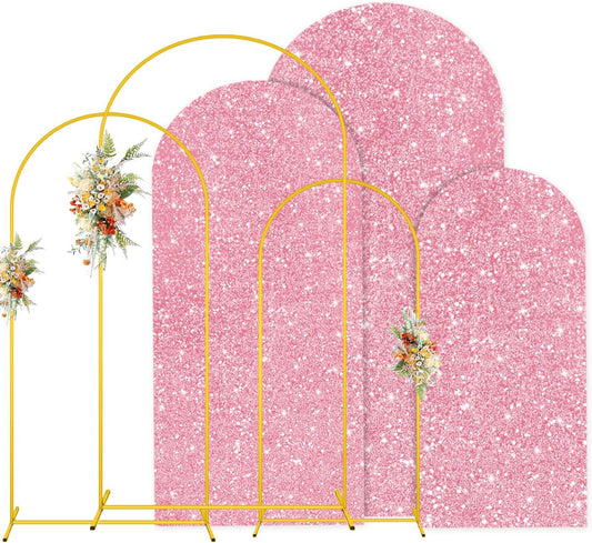 MODFUNS Metal Arch Backdrop Stand and Cover Set 4&5&6ft Pink Gold Sequins Arch Backdrop Cover Double Sided Arch Frame with Covers Gold Arch Stand and Covers for Banquet Reception Birthday Decor