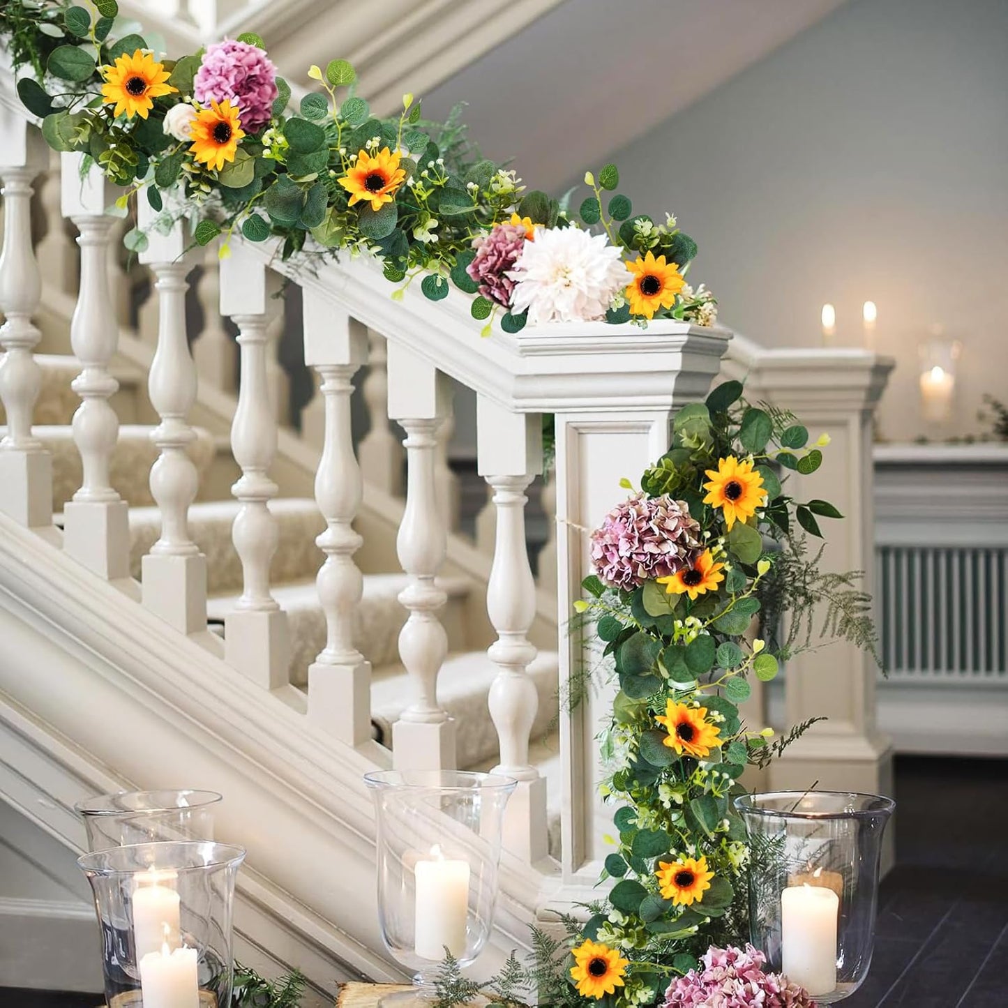 Uieke 2 Pack Artificial Sunflower Garland, 6ft/Strand Silk Sunflowers Hanging Vines Flowers Garland with Green Leaves for Room Kitchen Garden Birthday Wedding Baby Shower Party Table Decor