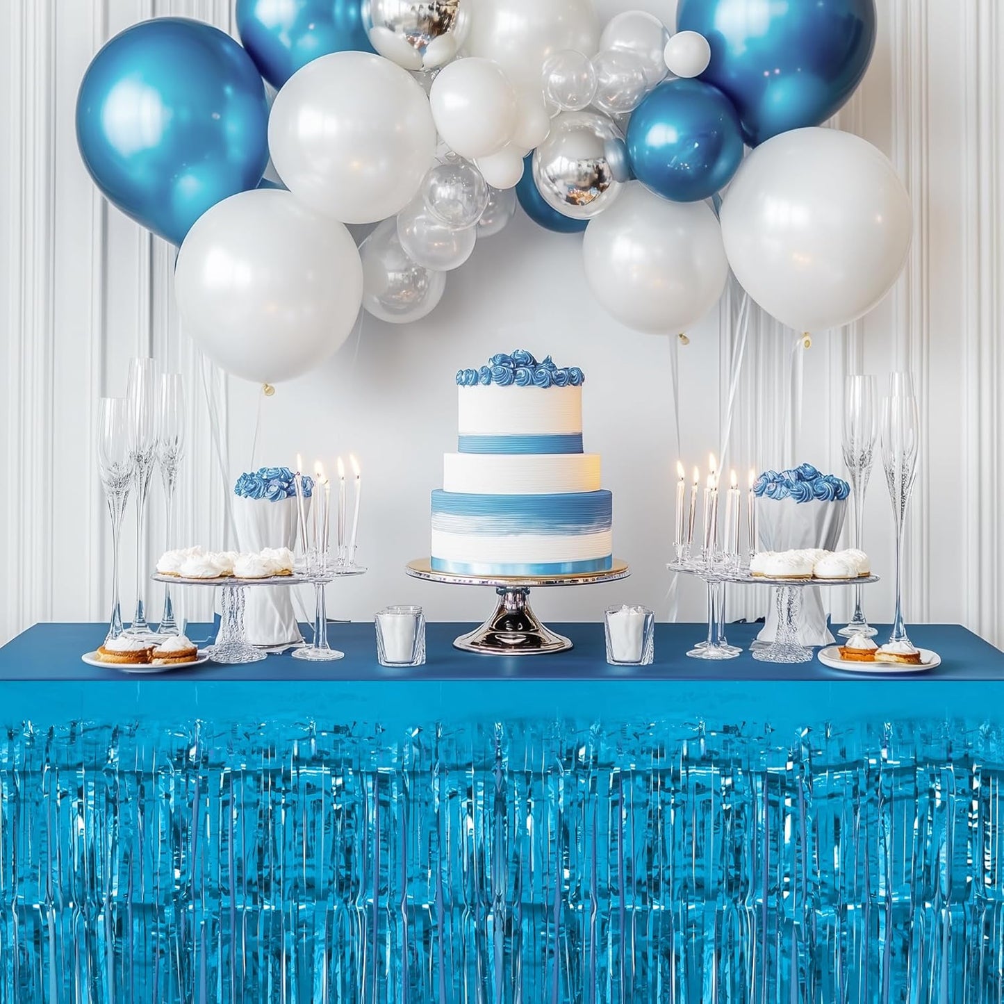 8 Pack Lake Blue Table Skirts, 29x108" Metallic Foil Tinsel Fringe Table Skirts for Rectangle Tables Streamer Curtains Backdrop, Party Decorations for Birthdays Weddings Holidays