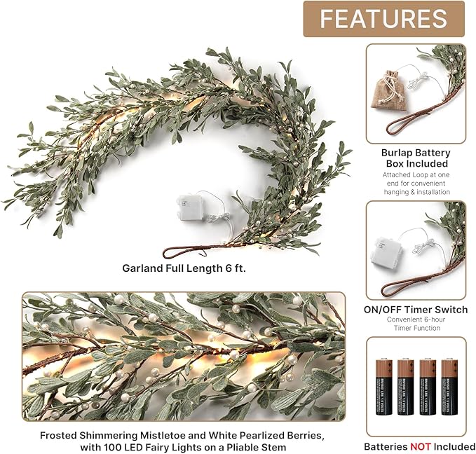 LampLust Lighted Garland Battery Operated, 6 Ft Frosted Mistletoe with Pearl Beads, 100 LED Lights & Timer, Spring Garland for Mantle All Year Round, Farmhouse Dining Table Decor, Spring Table Décor