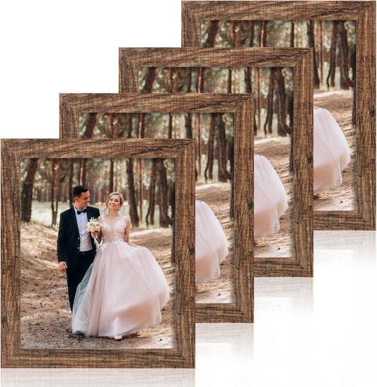 8x10 Picture Frame Set of 4, High Definition Glass Brown Frame, 8 x 10 Wood Rustic Picture Frames for Horizontal or Vertical Table Top and Wall Mounting
