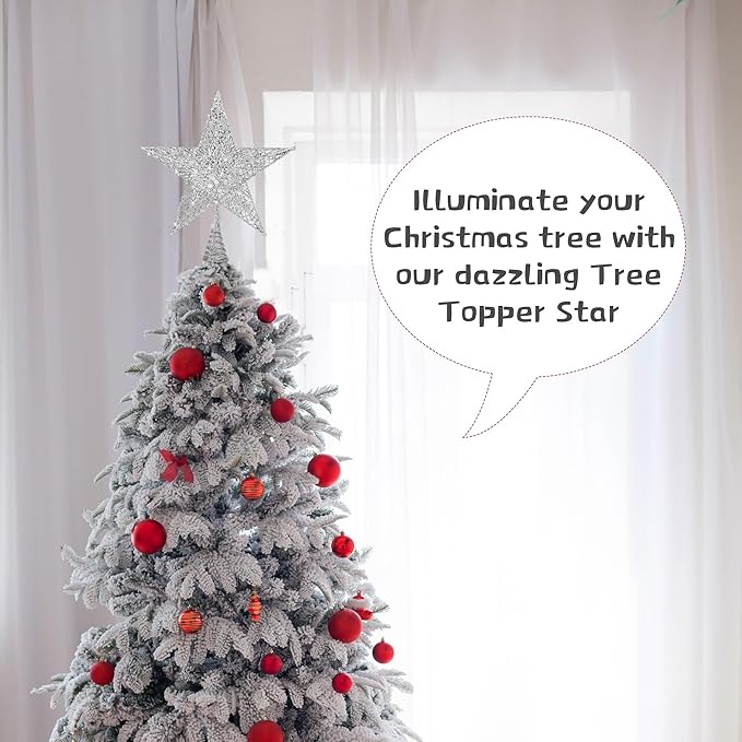 Fovths Christmas Tree Topper 6 Inches Metal Glittered Christmas Tree Topper Wire Star Treetop Sparkle Xmas Decoration for Christmas Tree Ornament Indoor New Year Holiday Party Supplies (Silver)