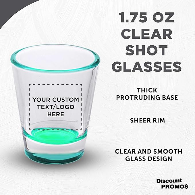 DISCOUNT PROMOS Custom Shot Glasses 1.75 oz. Set of 10/50/100, Personalized Bulk Pack - Great for Wedding Favors, Bachelorette Decorations, Party Favors - Green Bottom Color