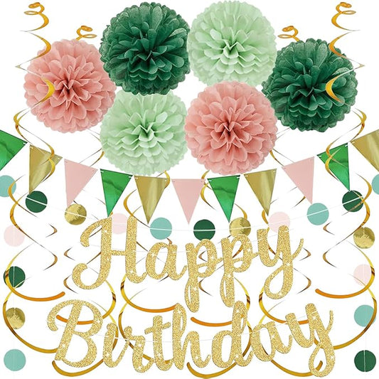 Sage Green Birthday Decorations, Happy Birthday Banner and Paper Pompoms, Hanging Swirls, Circle Dots Garland, Pennant Flags for Girls Women Party Decorations