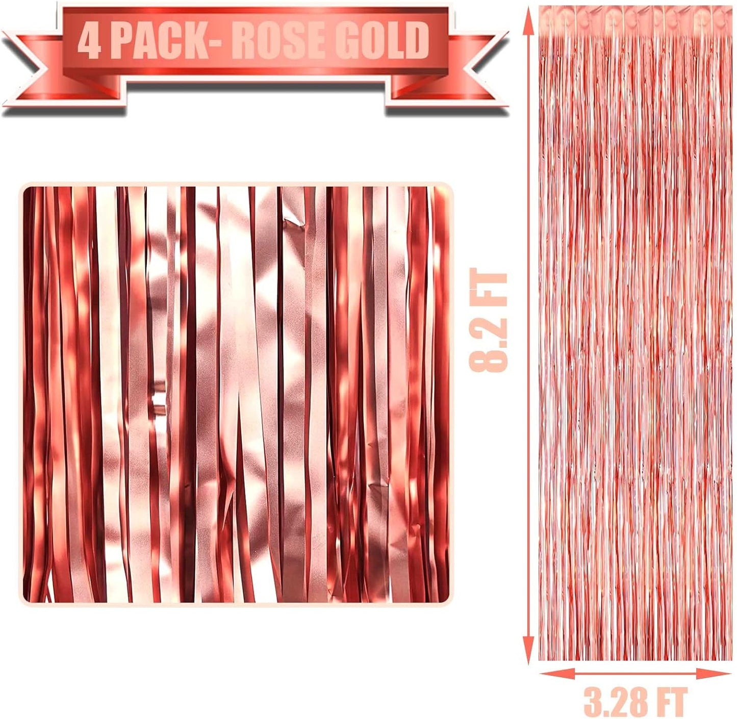 4 Pack Rose Gold Foil Fringe Curtain Backdrop, 3.28Ft x 8.2Ft Metallic Tinsel Foil Fringe Streamers Curtains for Party,