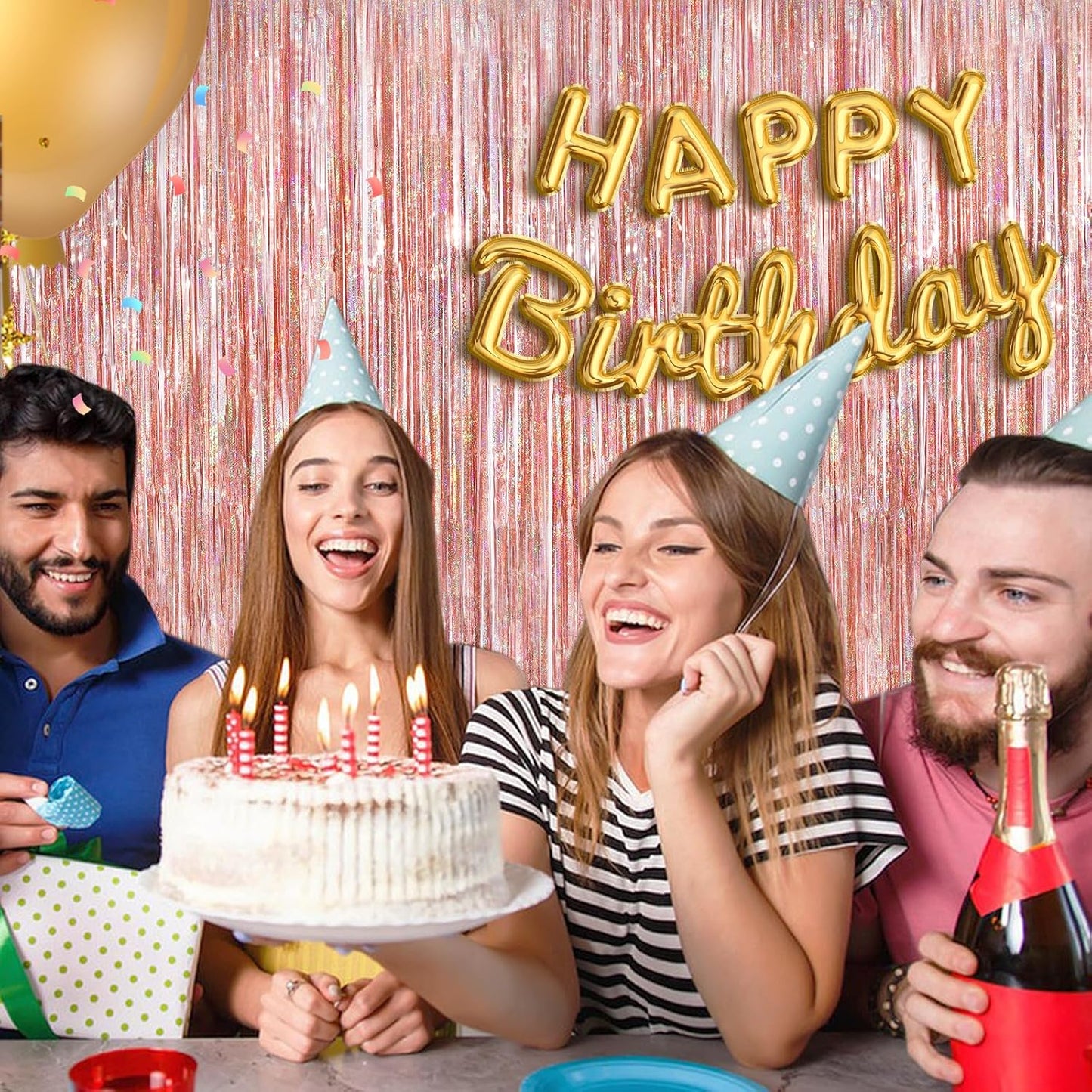 Rose Gold Foil Party Streamers 2 Pack Metallic Tinsel Fringe Curtain 3.3X 8.3ft Streamer Curtains Anniversary Thanksgiving Christmas Party Photo Booth Tinsel Curtain Streamers for Parties Decoration