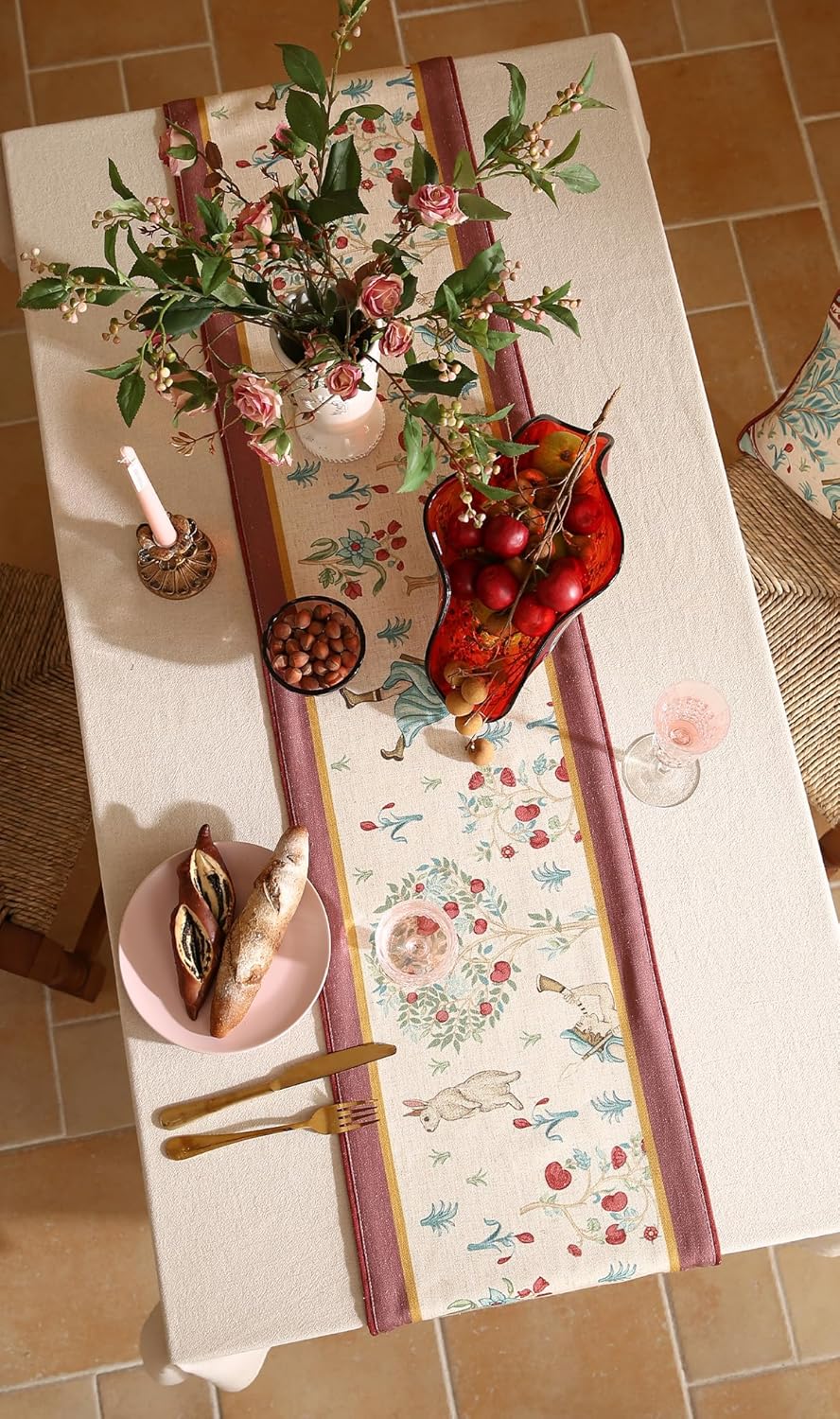 patdrea Designer Idyll Linen Extra Long Table Runner,Vintage Beige Farmhouse with Ancient Figure Fruit Trees Pattern Table Mat, Decoration for Kitchen Dining Paties Banquet Christmas ,16"*118"