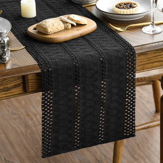 Artoid Mode Black Farmhouse Woven Rustic Hollow Table Runner, Seasonal Holiday Kitchen Dining Table Decoration for Home Party Decor 12x36 Inch