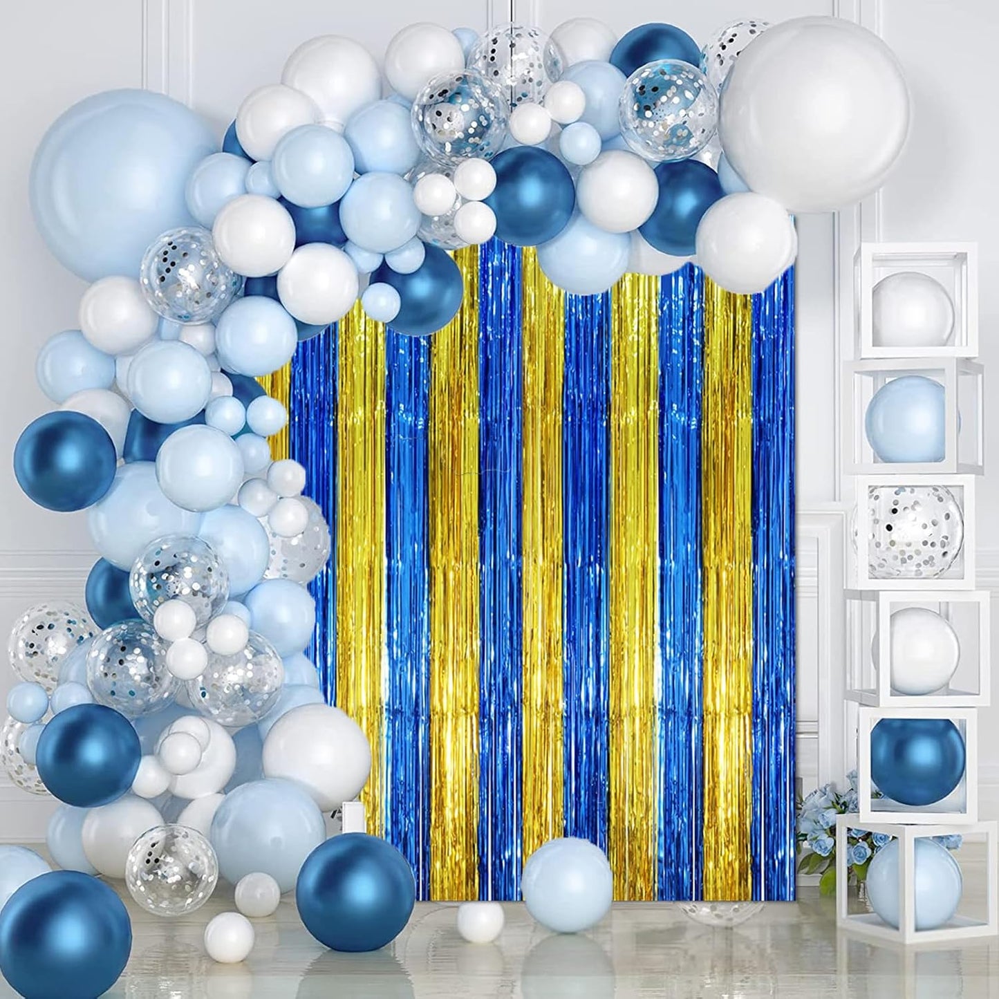2 Pack Blue Gold Foil Fringe Backdrop Curtains, Graduation Tinsel Streamers Party Decorations, Fringe Backdrop, Door Shimmer for Birthday Party
