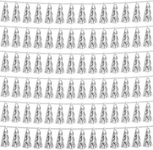 6P Silver Foil Fringe Metallic Tassel Streamers Banner Tassel Garland for Parade Floats, Bachelorette, Wedding, Birthday, Graduation, Christmas, Bridal/Baby Shower Party Decorations