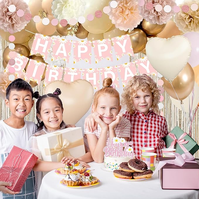 Blush Beige Birthday Decoration for Women Girls with Daisy Flower Happy Banner, Boho Dusty Pink Paper Pom Poms, White Sand Pink Gold Balloons Set And Fringe Curtain, Fall Birthday Theme Party Décor