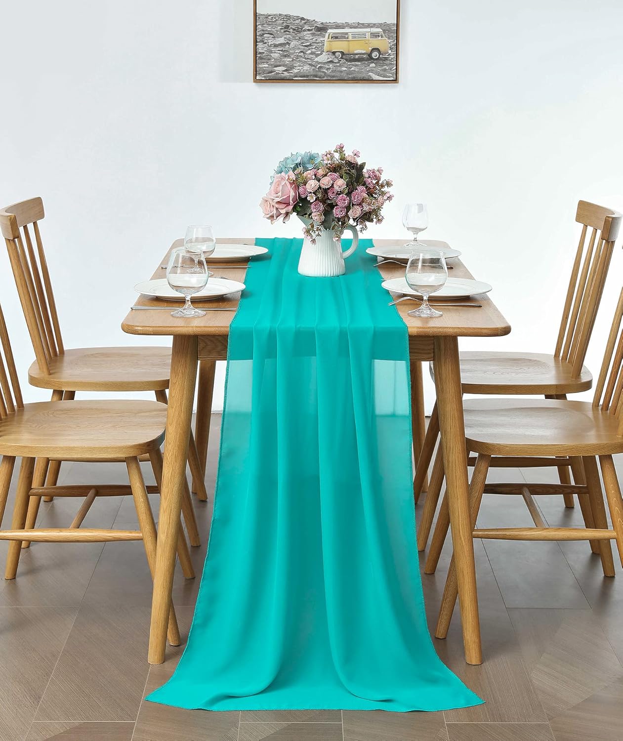 2 Pack 10Ft Turquoise Chiffon Table Runner Sheer 29x120 Inch for Romantic Wedding Decor Bridal & Baby Shower Birthday Rustic Party Decoration