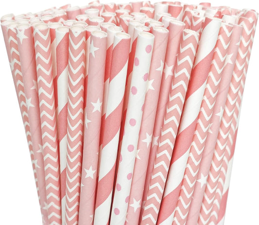 200 Biodegradable Pink Paper Straws, Party Straws for Juice, Cocktail, Smoothies, Wedding, Birthday, Bridal/Baby Shower and Christmas Decorations Valentine's Day Holiday Celebrations