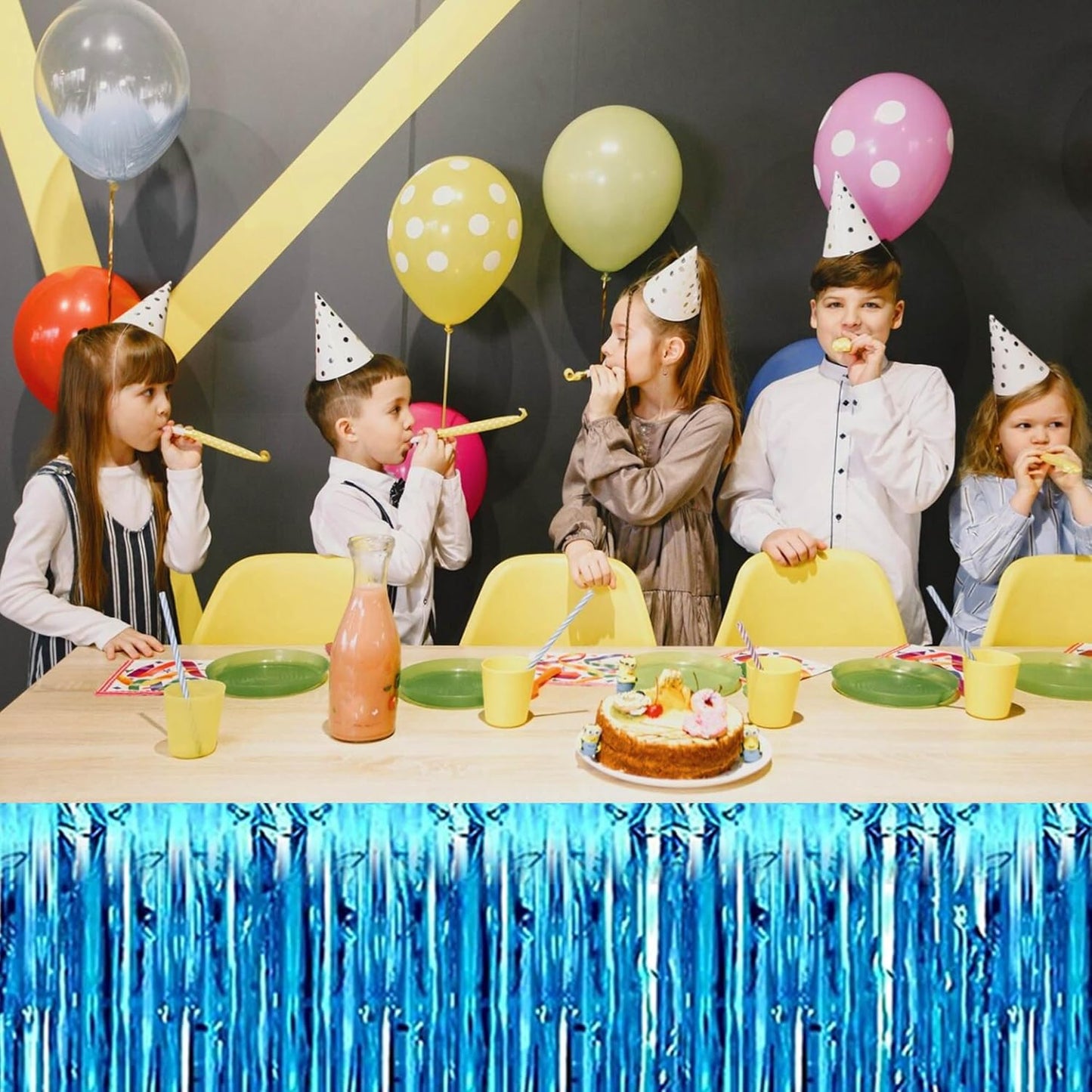 3 Pack 29 x108 Inch Lake Blue Foil Fringe Table Skirts Metallic Banner for Tinsel Streamer Garland Backdrop for Parade Floats Mother's Day, Graduate, Birthday, Wedding Party Decoration