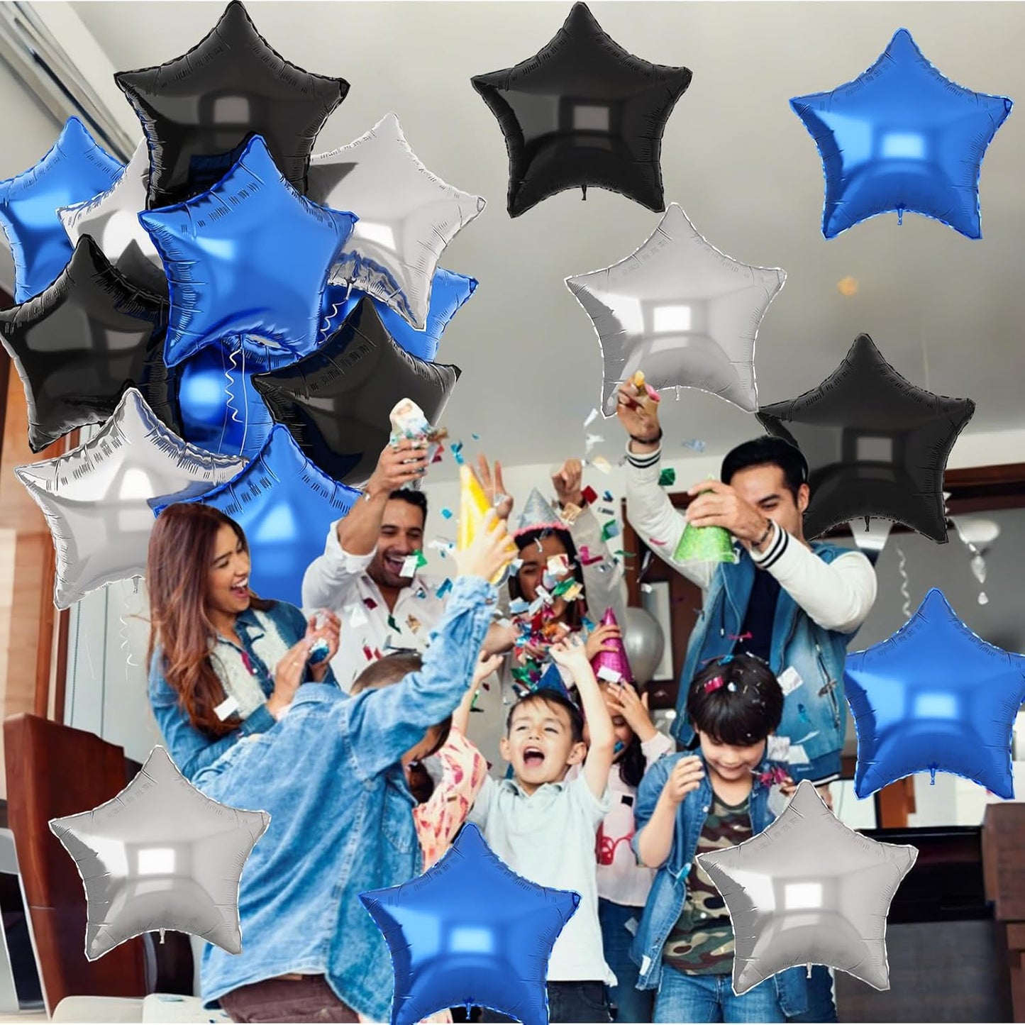 Blue Black Star Balloons Helium, 18Inch Silver and Blue Stars Shape Foil Balloon, 12Pcs Blue Pentagram Mylar Party Decoration for Boy Men Birthday Graduation Space Theme Eid Party Baby Shower Supplies