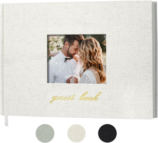 SUNEE Wedding Guest Book - Polaroid Guest Book Weddings Reception, Linen Cover 7" x 9" Guest Book for Baby Shower, Birthdays and Special Events, 100 Blank Pages for Wedding Sign in and Photos, Beige