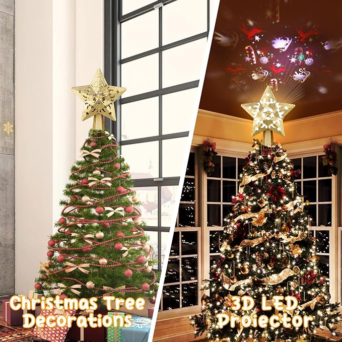 Christmas Tree Topper, Christmas Star Tree Topper Built-in LED Rotating Lights, Plug in 3D Golden Glittered Star Tree Topper for Xmas Party Holiday Decorations