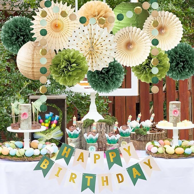 Green Birthday Party Decorations Olive Green Birthday Cream Tissue Pom Poms Paper Lanterns Circle Garland Hanging Paper Fans for Girls Women Neutral Boho Birth Day Decorations
