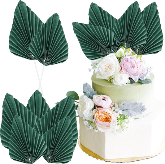 Ephlyn 6Pcs Paper Palm Fan Cake Topper Palm Leaf Fan Cake Pick Decoration for DIY Cake Bakeware Baby Shower Wedding Bridal Shower Birthday Anniversary Party Cake Decorations Green