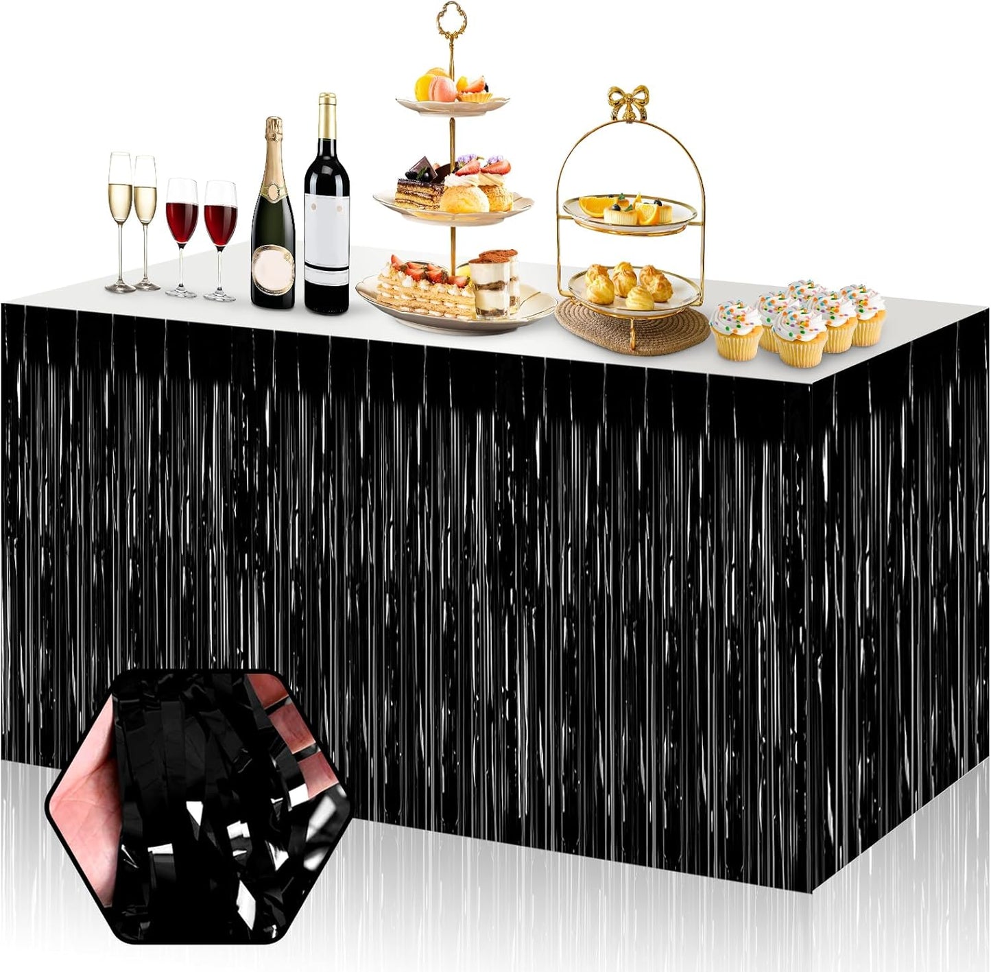 3 Pack 29x108 Inch Black Foil Fringe Table Skirts Metallic Banner for Tinsel Streamer Garland Backdrop for Parade Floats Wedding Thanksgiving Birthday Christmas Halloween Party Decoration