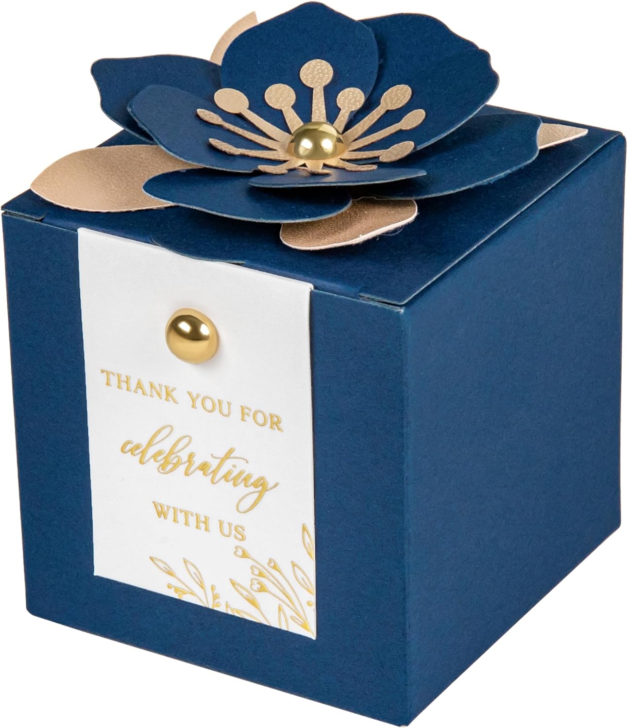 FEIYI 20 PCS Favor Boxes, 3 In 1 Navy Blue Candy Boxes with Floral Decor, White Thank You Tags Gold Foil Print Gift wrapping for Wedding, Baby Shower, Birthday, Decorations Party - 2.55x2.55x2.55