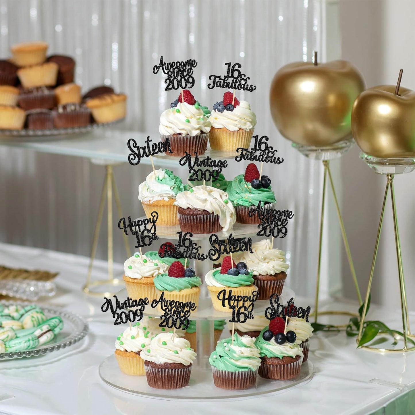 30Pcs Happy 16th Birthday Cupcake Toppers Glitter Sixteen Vintage 2009 Cupcake Picks Cheers to 16 Fabulous Cake Decorations for 16th Birthday Wedding Anniversary Party Supplies Black