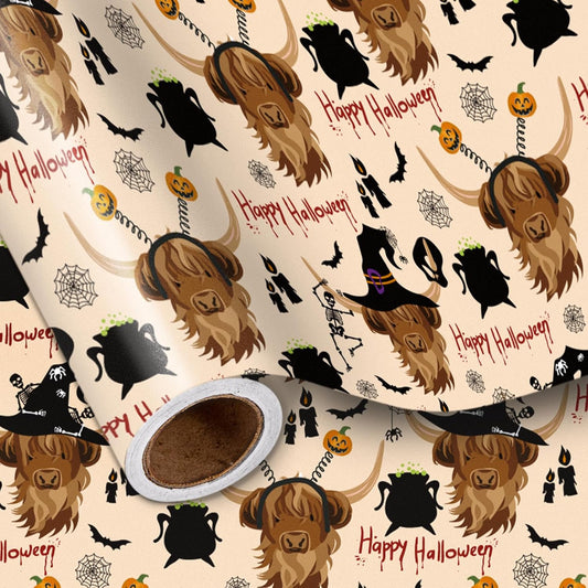 LeZakaa Funny Halloween Wrapping Paper Roll for Kids, Highland Cow Design with Witches Bats Pumpkins for Fall Party, Halloween Trick-or-Treat Gifts Decor, Mini Roll 17 in x 16.4 Ft