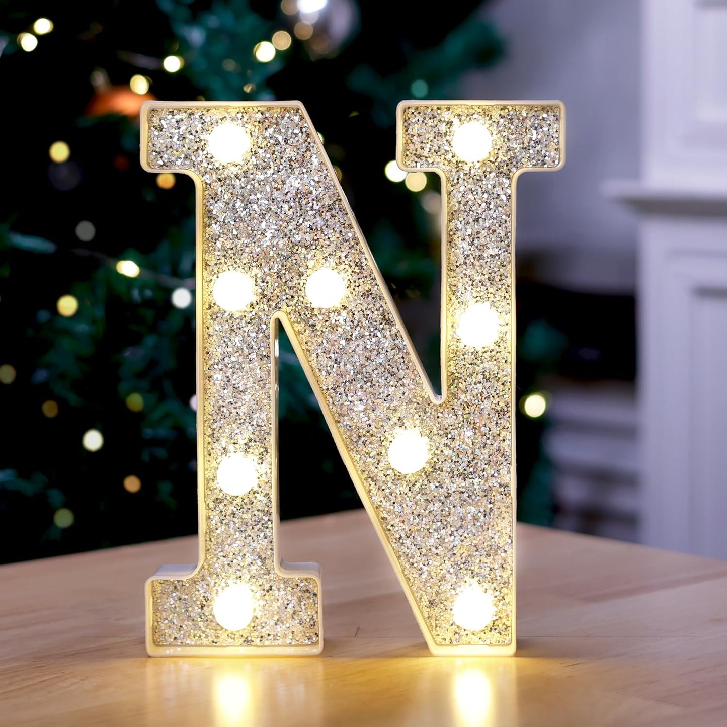 Marquee Light Up Letters, Glitter Silver LED Letter Lights Battery Powered Alphabet Letter Sign for Night Light Wedding Birthday Party Cafe Bar Decoration Girls Room Decor - N