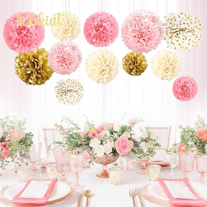AOBKIAT Birthday Decorations for Girls Women,12PCS Pink Gold Tissue Paper Pom Poms,for Party,Wedding,Baby Shower,Bridal Shower,Princess Party