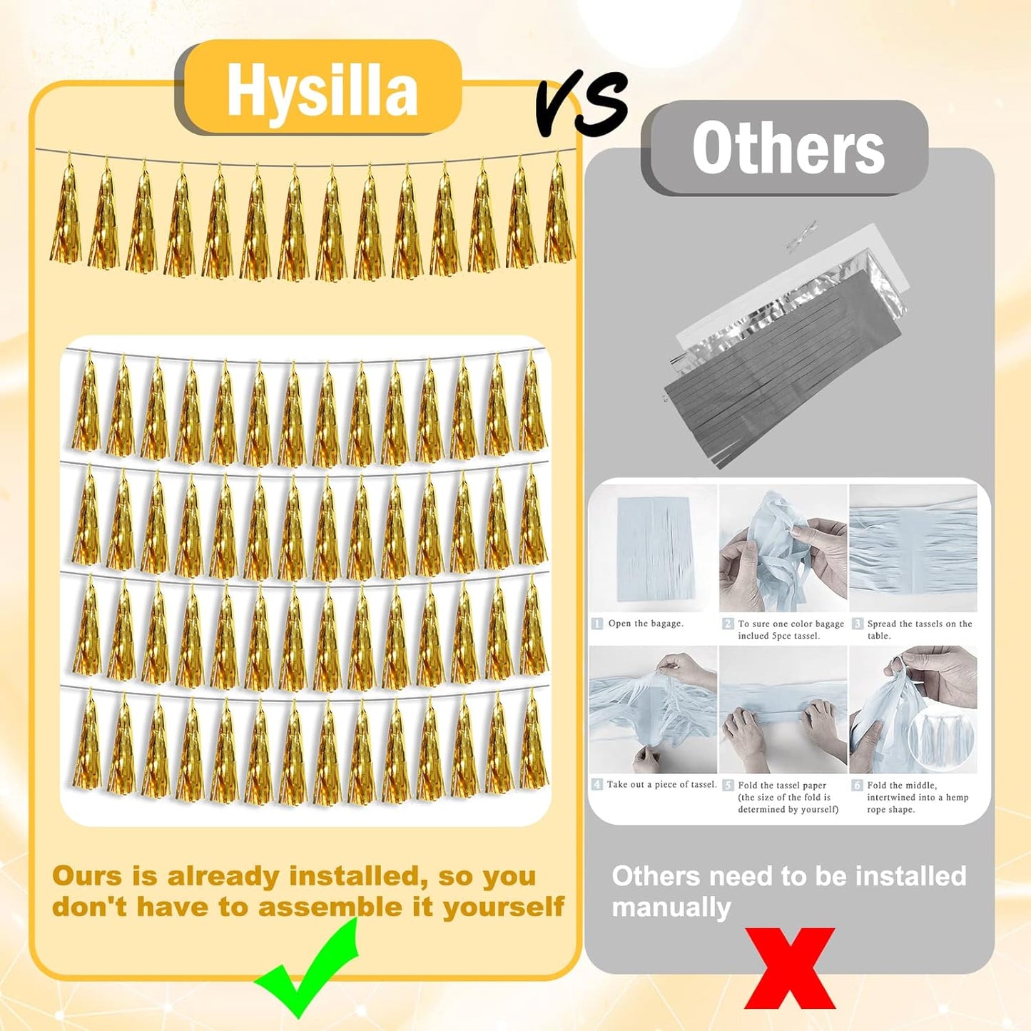 8P Gold Foil Fringe Metallic Tassel Streamers Banner Tassel Garland for Parade Floats, Bachelorette, Wedding, Birthday, Halloween, Christmas, Bridal/Baby Shower Party Decorations