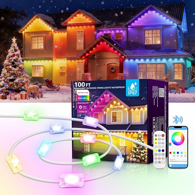 100FT Christmas Permanent Outdoor Lights,RGB+IC Eaves Lights with App & Remote Control,DIY Multi-Color Scene Modes,IP67 Waterproof,Outdoor Strings for House,Holiday Decorations for Christmas