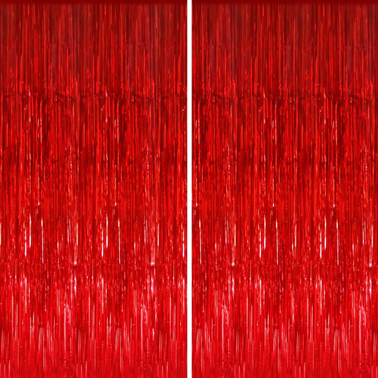 GOER 6.4 ft x 8.2 ft Metallic Tinsel Foil Fringe Curtains,Pack of 2 Party Streamer Backdrop for Birthday,Graduation Decorations and New Year Eve (Red)