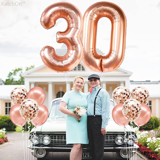 KatchOn, Rose Gold 30 Balloon Numbers - Giant, 40 Inch | Rose Gold 30 Balloons With Confetti Balloons | 30th Birthday Decorations for Women | Number Balloons for 30th Anniversary Decorations