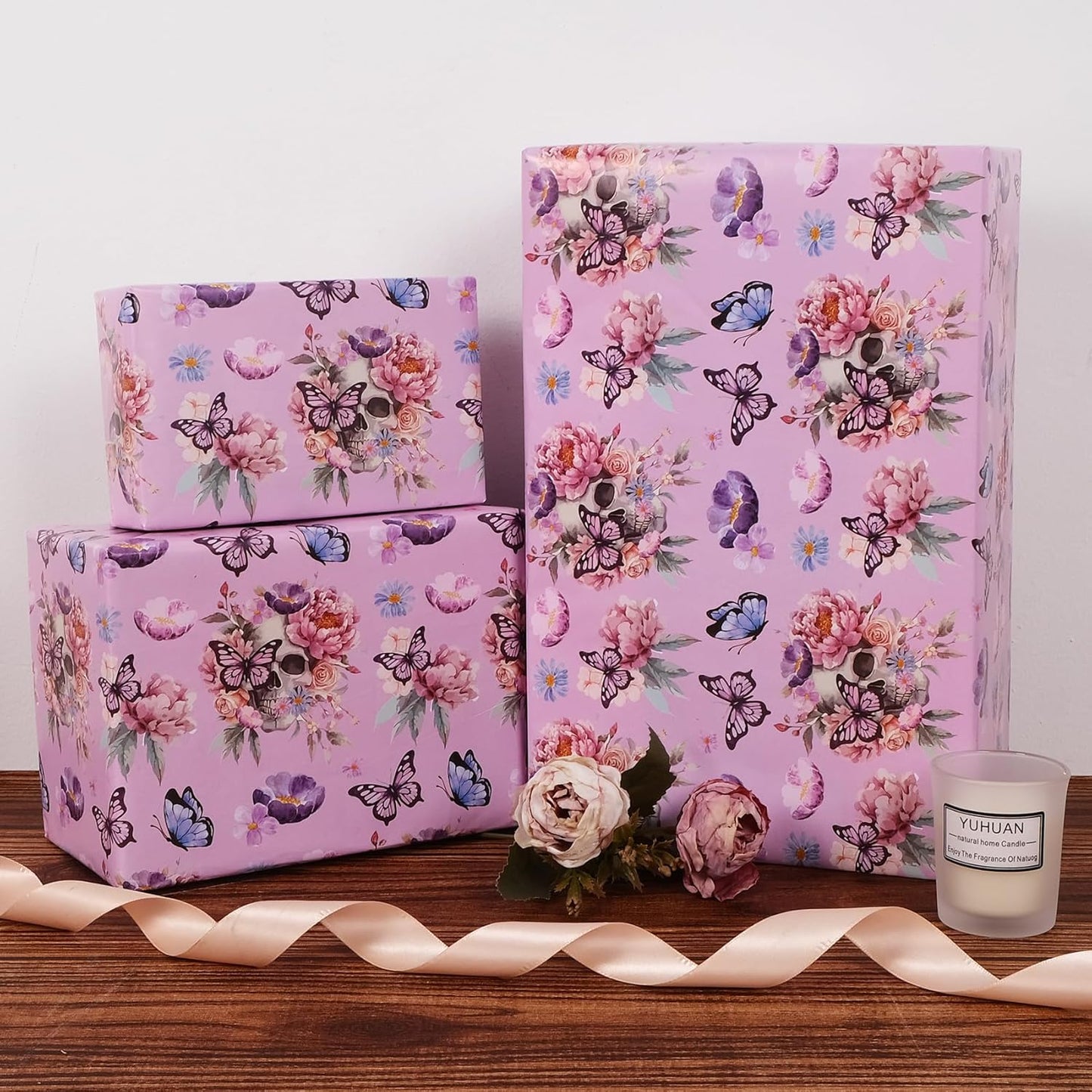 Aimyoo Gothic Wrapping Paper Roll, 17 Inch X 16.5 Feet Skull Floral Butterfly Design Gift Wrap Paper for Mother's Day, Birthday Bridal Shower