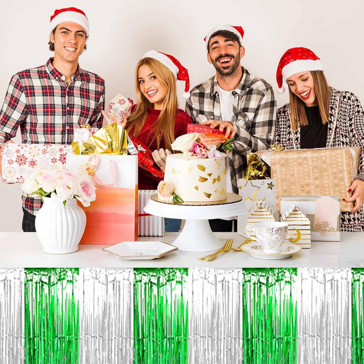 3 Pack 29 x108 Inch Silver Green Foil Fringe Table Skirts Metallic Banner for Tinsel Streamer Garland Backdrop for Parade Floats Mother's Day, Graduate, Birthday, Wedding Party Decoration